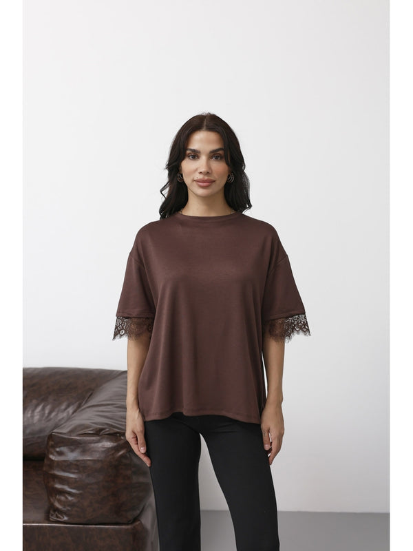 Kahverengi Sırtı Dantelli Tshirt 1073-Kahverengi