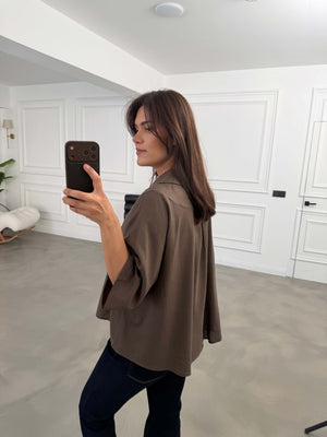 Kahve Oversize Keten Gömlek 4982-Kahve