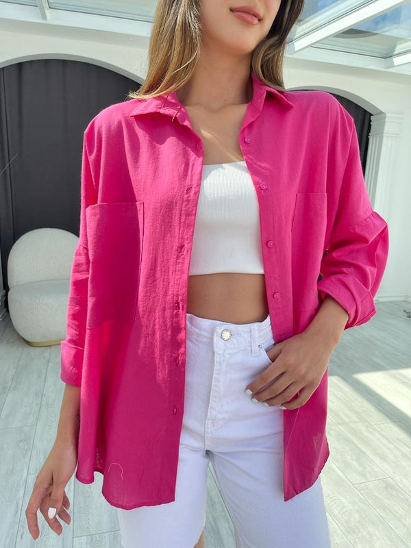 Fuşya Oversize Keten Gömlek N002- Fuşya