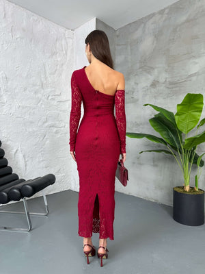 Bordo İthal Dantel Büzgülü Elbise