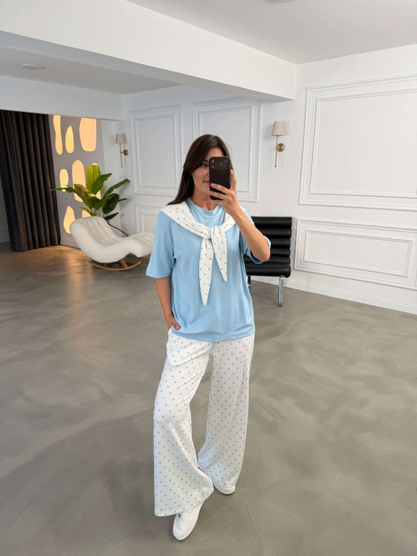Bebe Mavi Puantiye Fularlı Biyeli Takım 4145-Bebe Mavi