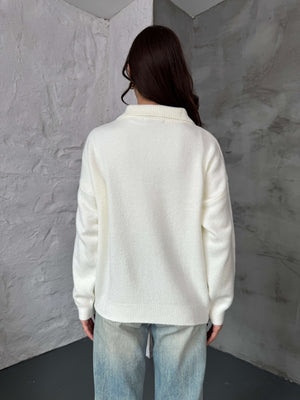 Ekru Polo Yaka Düğmeli Triko Kazak 2482-EKRU