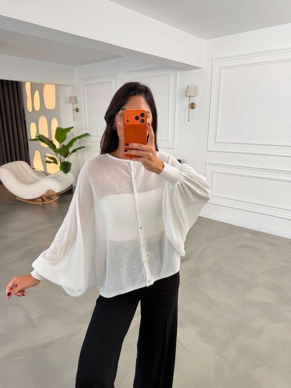 Ekru Transparan Pelerin Triko Bluz 2869-Ekru