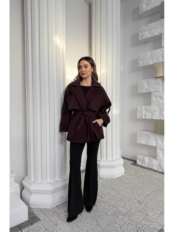 Mürdüm Rebello Kuşaklı Kaşe Kaban 9669-Mürdüm