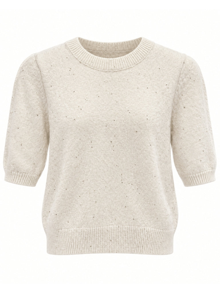 Krem Kısa Kollu Pullu Triko Bluz M-2944-Krem