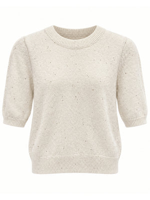 Krem Kısa Kollu Pullu Triko Bluz M-2944-Krem