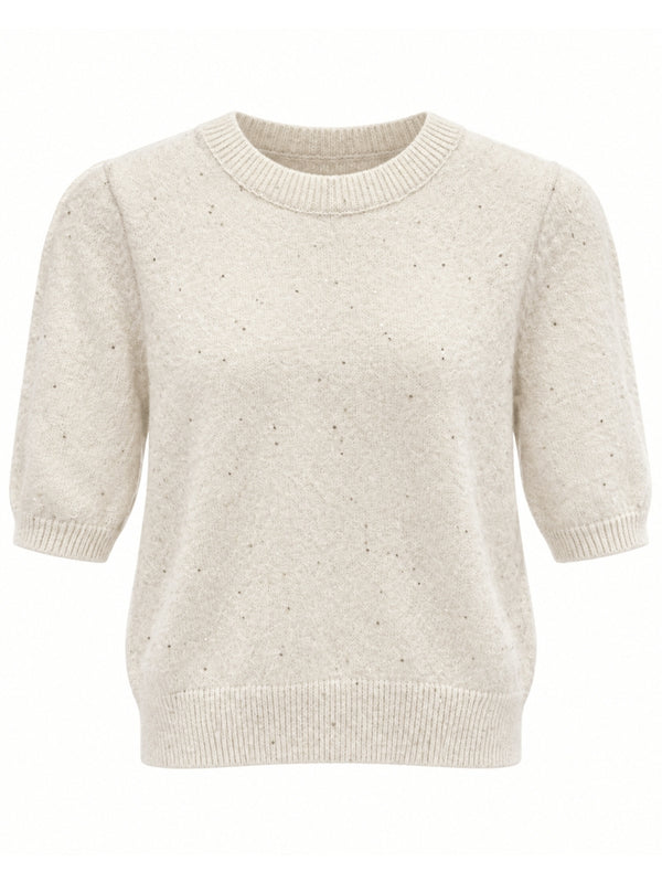 Krem Kısa Kollu Pullu Triko Bluz M-2944-Krem