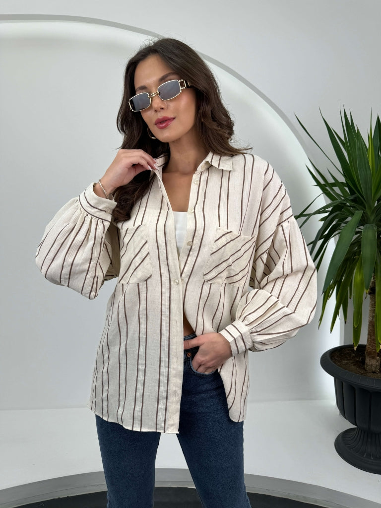 Taş Kahve Çizgili Keten Gömlek 34138-TAŞ