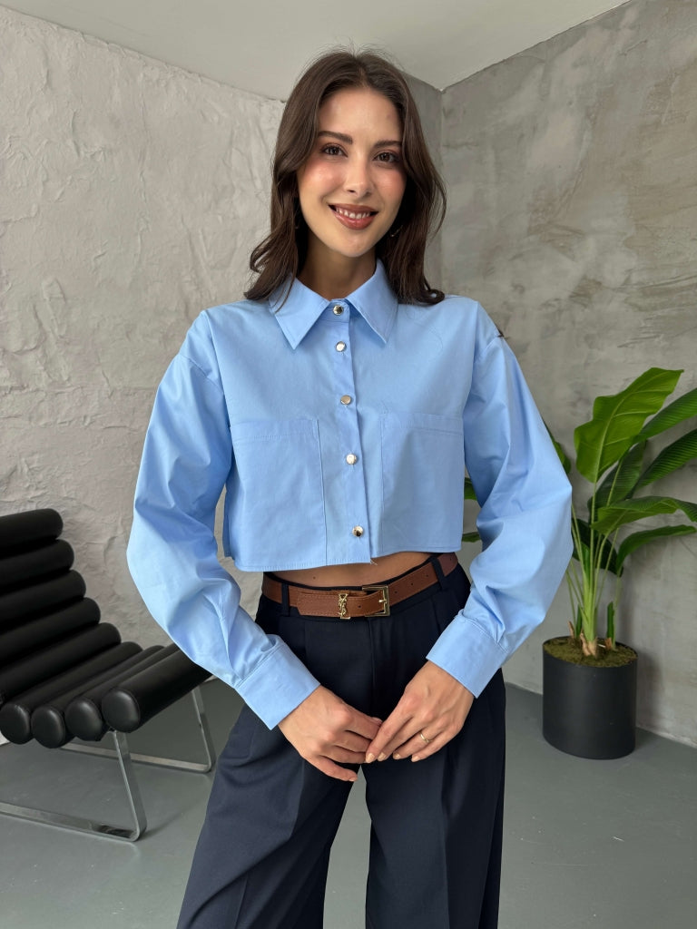 Bebe Mavi Cep Detaylı Kısa Gömlek