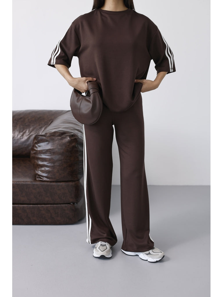 Kahverengi Şerit Detaylı Tshirt Takım 4101-Kahverengi