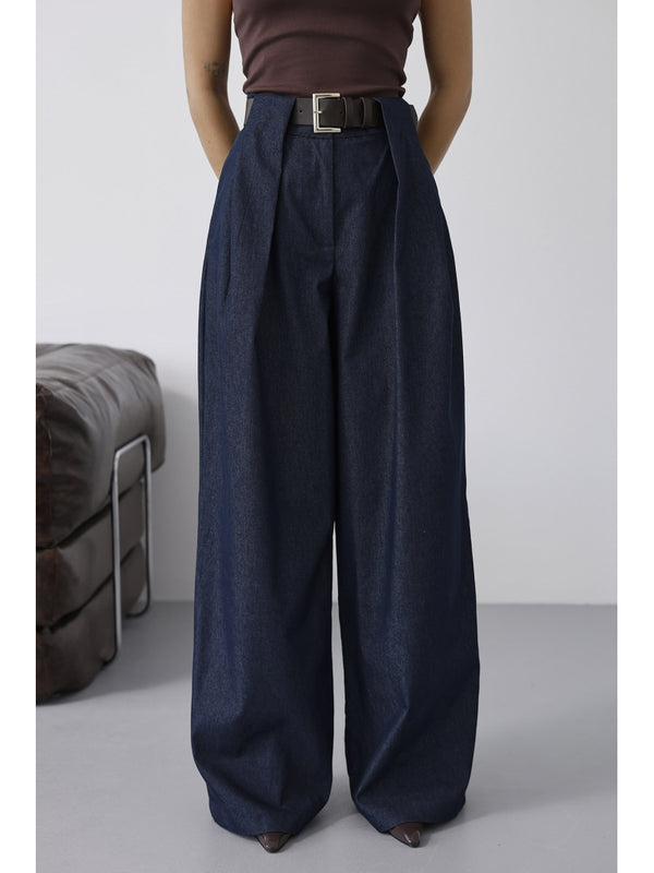 Mavi Belden Pileli Kemerli İnce Denim Pantolon 58479-Mavi