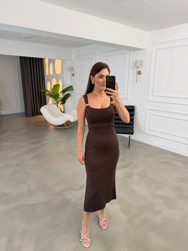 Kahve Omzu Gold Tokalı Modal Elbise 4276-Kahve
