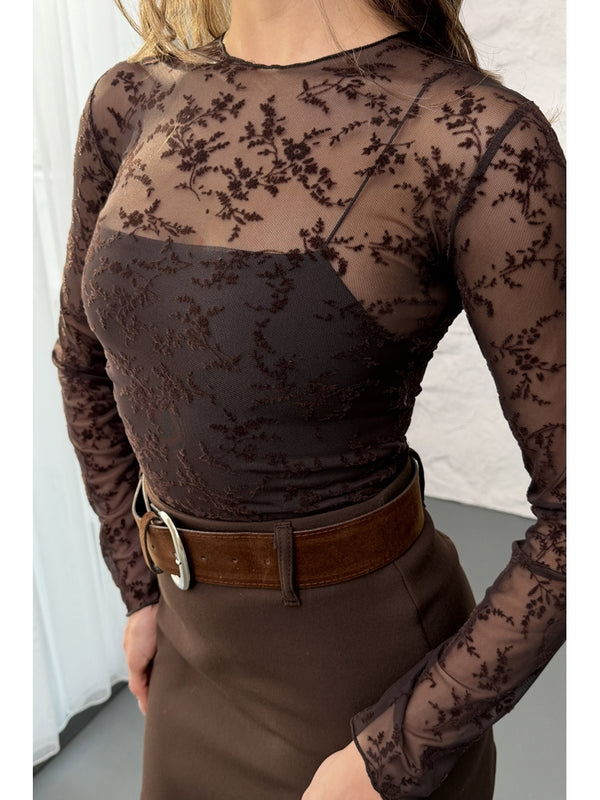 Kahverengi Çiçekli Transparan Bluz 58447-Kahverengi