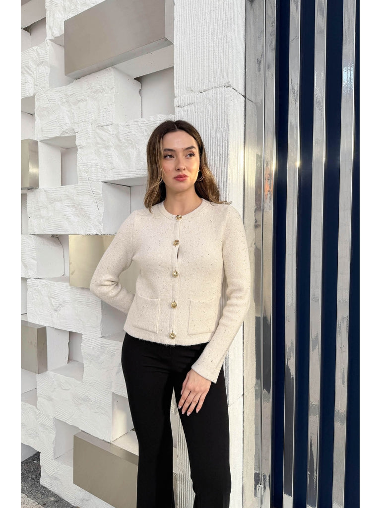 Dilvin Ekru Pullu Gold Düğmeli Triko Hırka 60935-Ekru