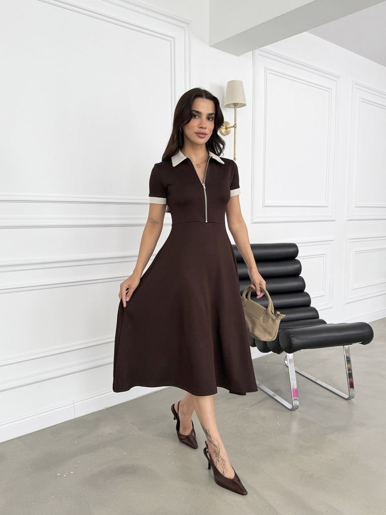 Kahverengi Polo Yaka Yarım Fermuarlı Modal Elbise 1791-Kahverengi