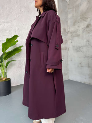 Mürdüm Kruvaze Detaylı Oversize Trençkot