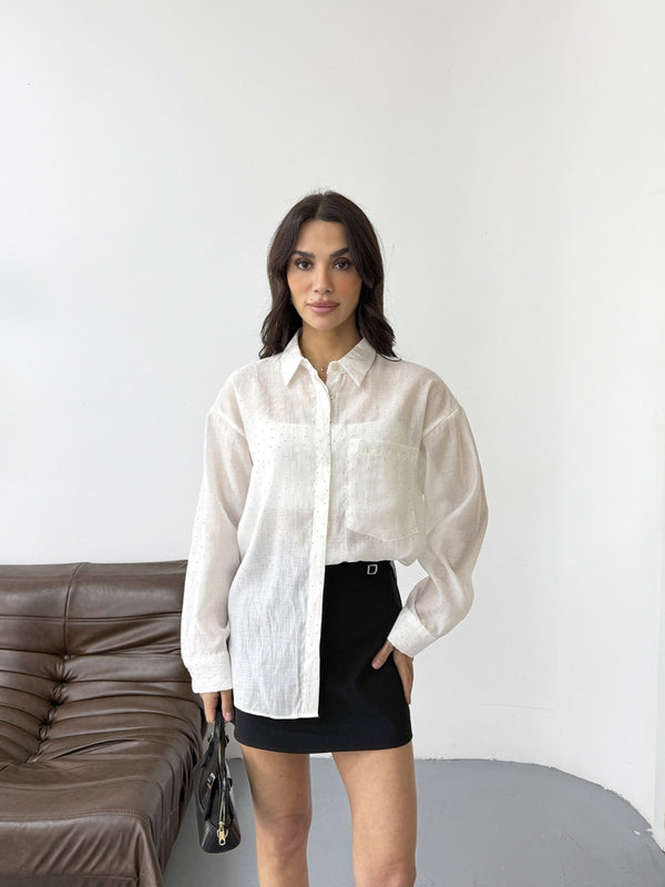 Beyaz Taş Baskılı Gömlek 8126-Beyaz