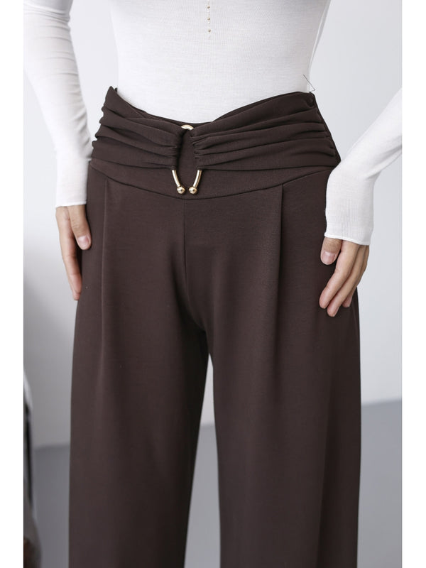 Kahverengi Gold Toka Detaylı Modal Pantolon 9888-Kahverengi