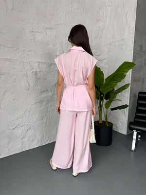 Pembe Tencel Yelek Pantolon Takım