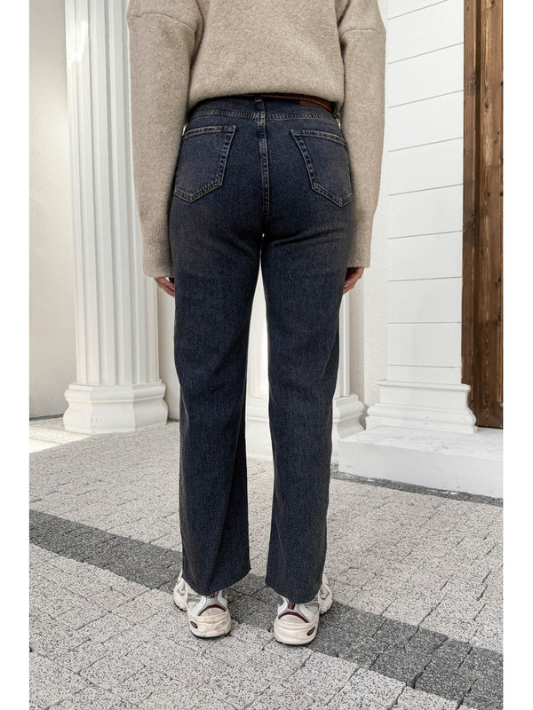 Kahve Yıkamalı Mavi Kesik Paça Kermerli Jean AK102-Mavi