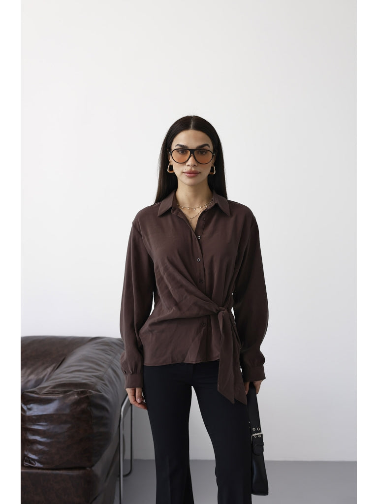 Kahverengi Yan Bağlamalı Tencel Gömlek 0897-Kahverengi