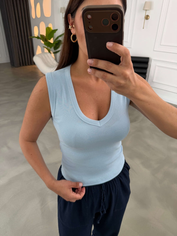 Bebe Mavi Kalın Askı V Yaka Body 24172-Bebe Mavi