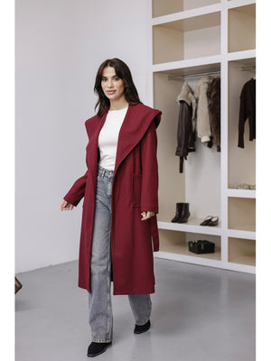 Bordo Kapşonlu Kaşe Kaban 2610-Bordo