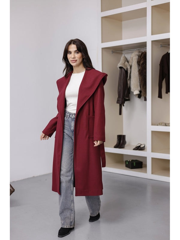 Bordo Kapşonlu Kaşe Kaban 2610-Bordo