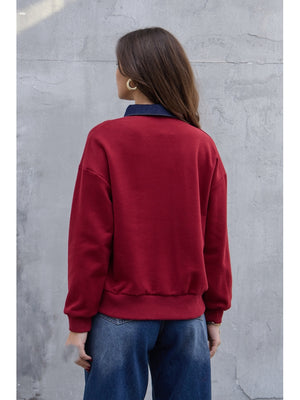 Bordo Denim Yaka Tasarım Sweat