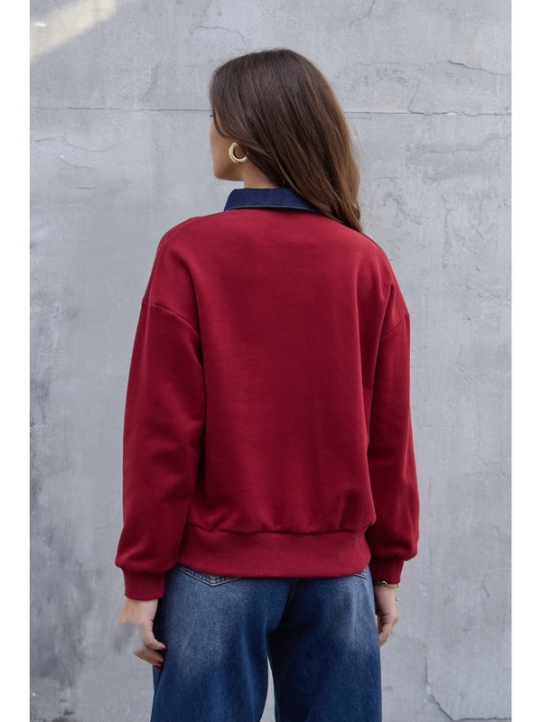 Bordo Denim Yaka Tasarım Sweat