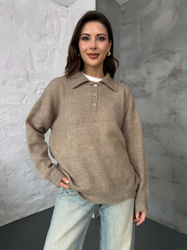 Vizon Polo Yaka Düğmeli Triko Kazak 2482-VİZON