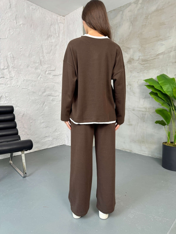 Kahverengi Tshirt Detaylı Sweat Takım