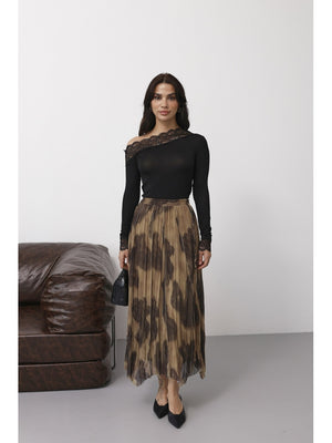 Kahve Şal Desen Asimetrik Etek 251102-Kahve