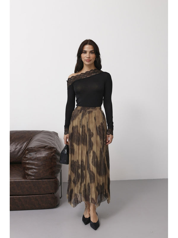 Kahve Şal Desen Asimetrik Etek 251102-Kahve