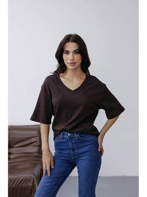 Kahverengi Orj Marka V Yaka Tshirt 6598-Kahverengi