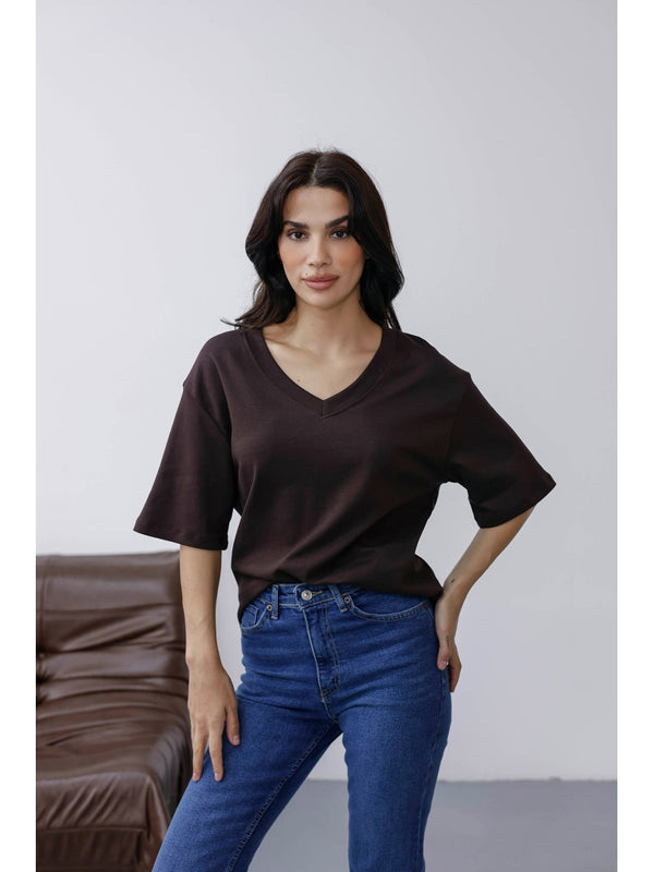 Kahverengi Orj Marka V Yaka Tshirt 6598-Kahverengi