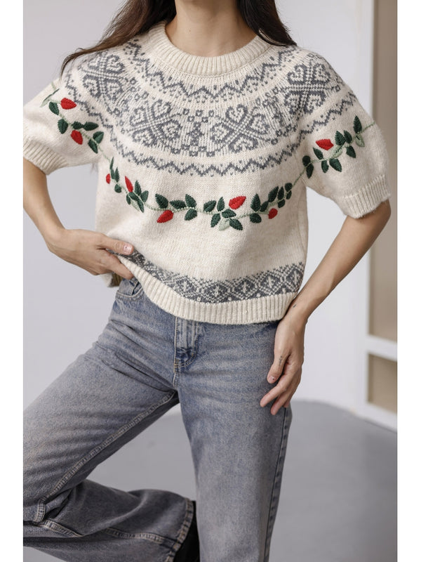 Ekru Nakış İşlemeli Triko Kazak 2616-Ekru