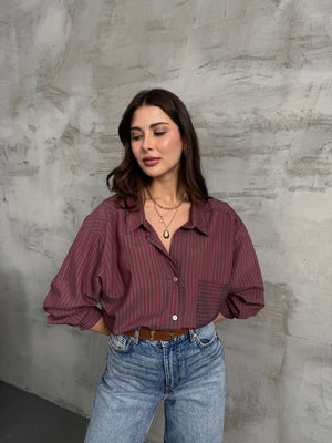 Bordo Gri Çizgili Oversize Gömlek