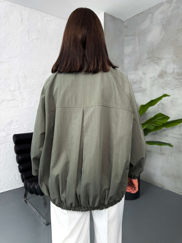 Haki Oversize Dik Yaka Trenç