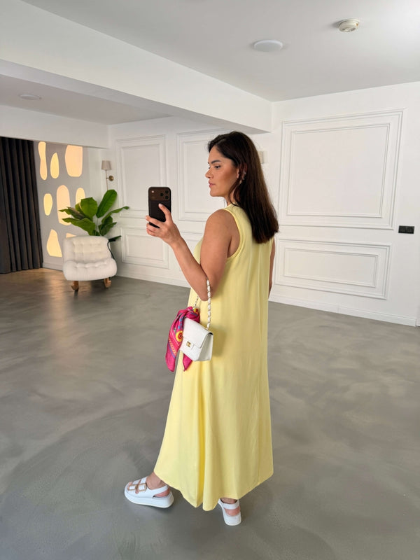 Sarı Bisiklet Yaka Maxi Modal Elbise 4142-Sarı