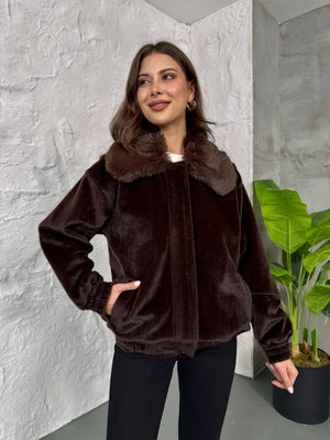 Premium Acı Kahve İİthal Kumaş Kürk Mont 70099-Acı Kahve