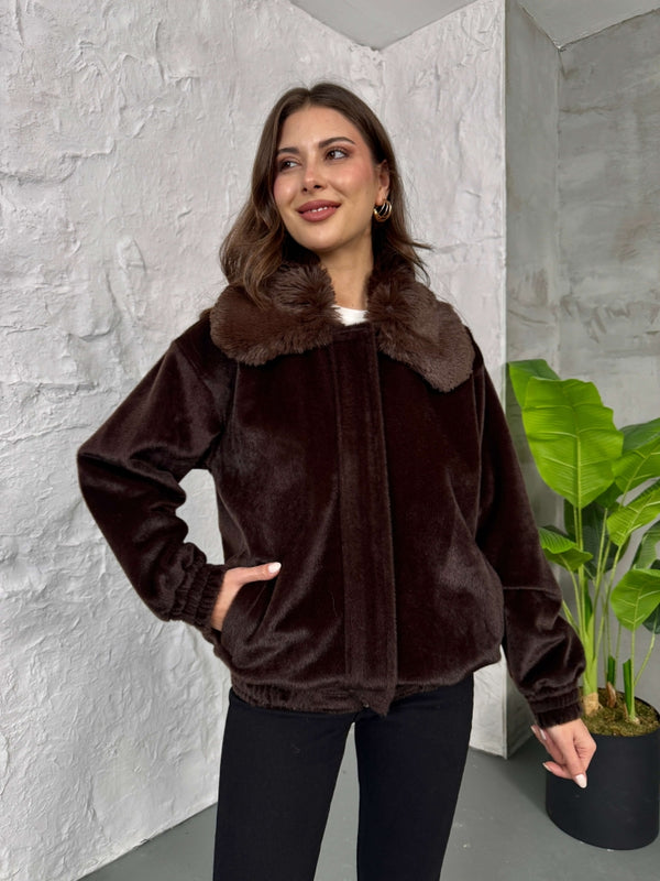 Premium Acı Kahve İİthal Kumaş Kürk Mont 70099-Acı Kahve