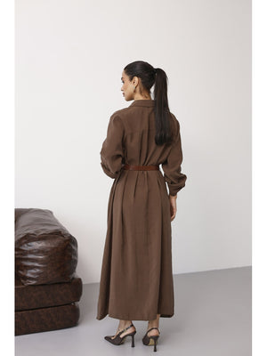 Kahve Tensel Kemerli Gömlek Elbise EYY3270-Kahve
