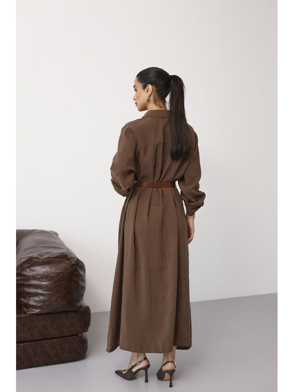 Kahve Tensel Kemerli Gömlek Elbise EYY3270-Kahve