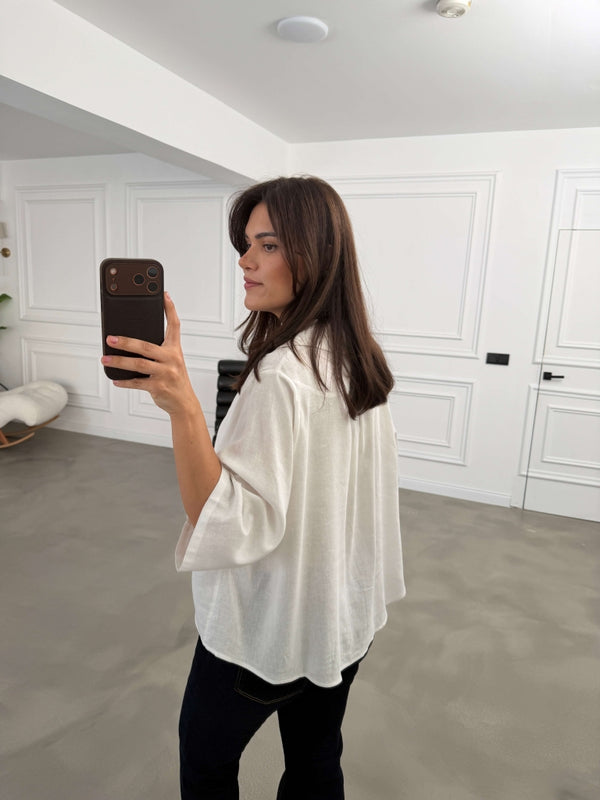 Beyaz Oversize Keten Gömlek 4982-Beyaz