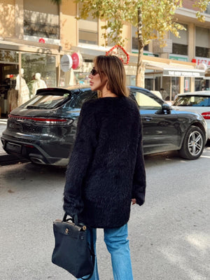 Siyah Peluş Yumuşak Dokulu Bağlamalı Triko  Hırka