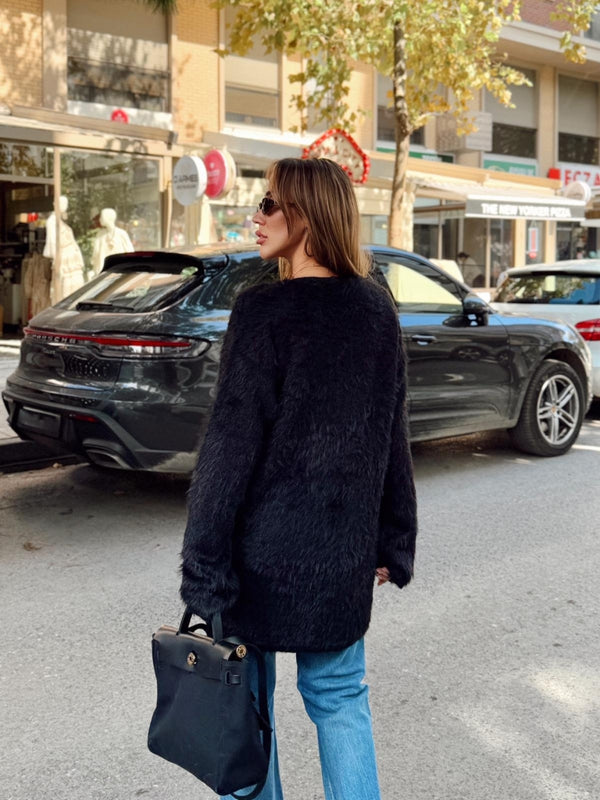 Siyah Peluş Yumuşak Dokulu Bağlamalı Triko  Hırka