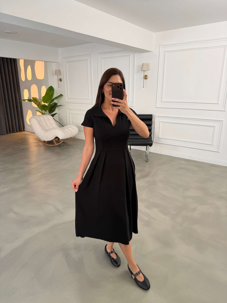 Siyah Polo Yaka Pensli Modal Elbise 4129-Siyah
