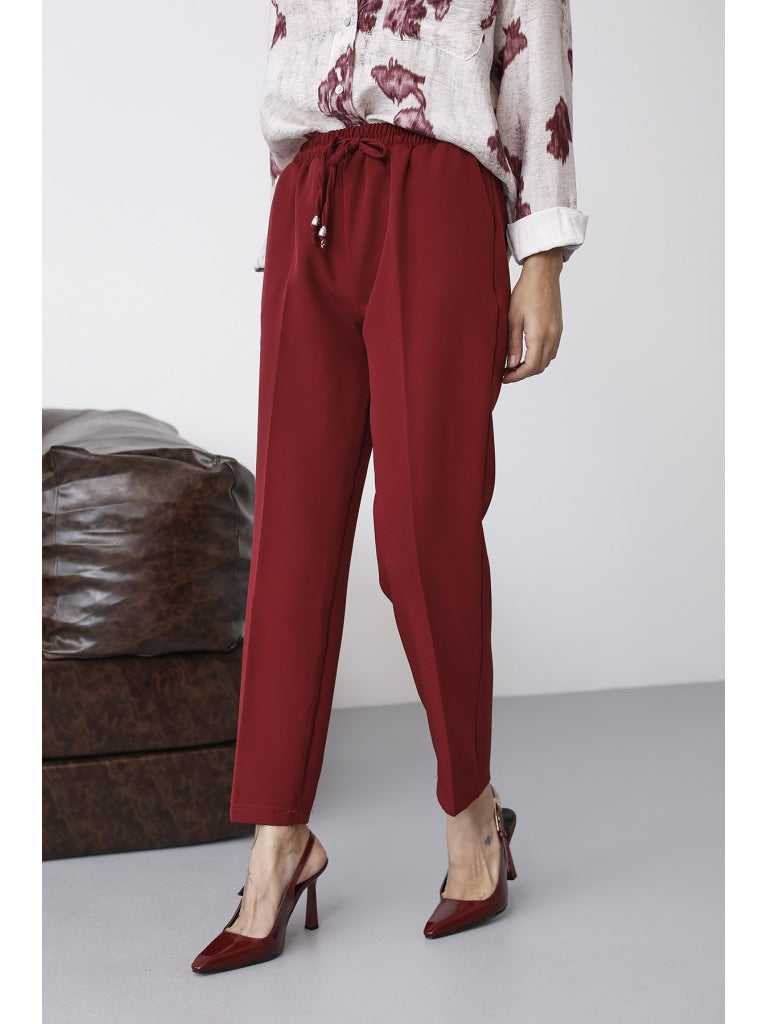 Bordo Bel Lastikli Havuç Pantolon 80178-Bordo