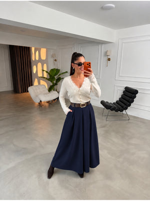 Lacivert Gold Kemerli Etek Pantolon 51502-Lacivert